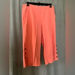 Coral Button-Accent Wide Leg Crop Linen Pants